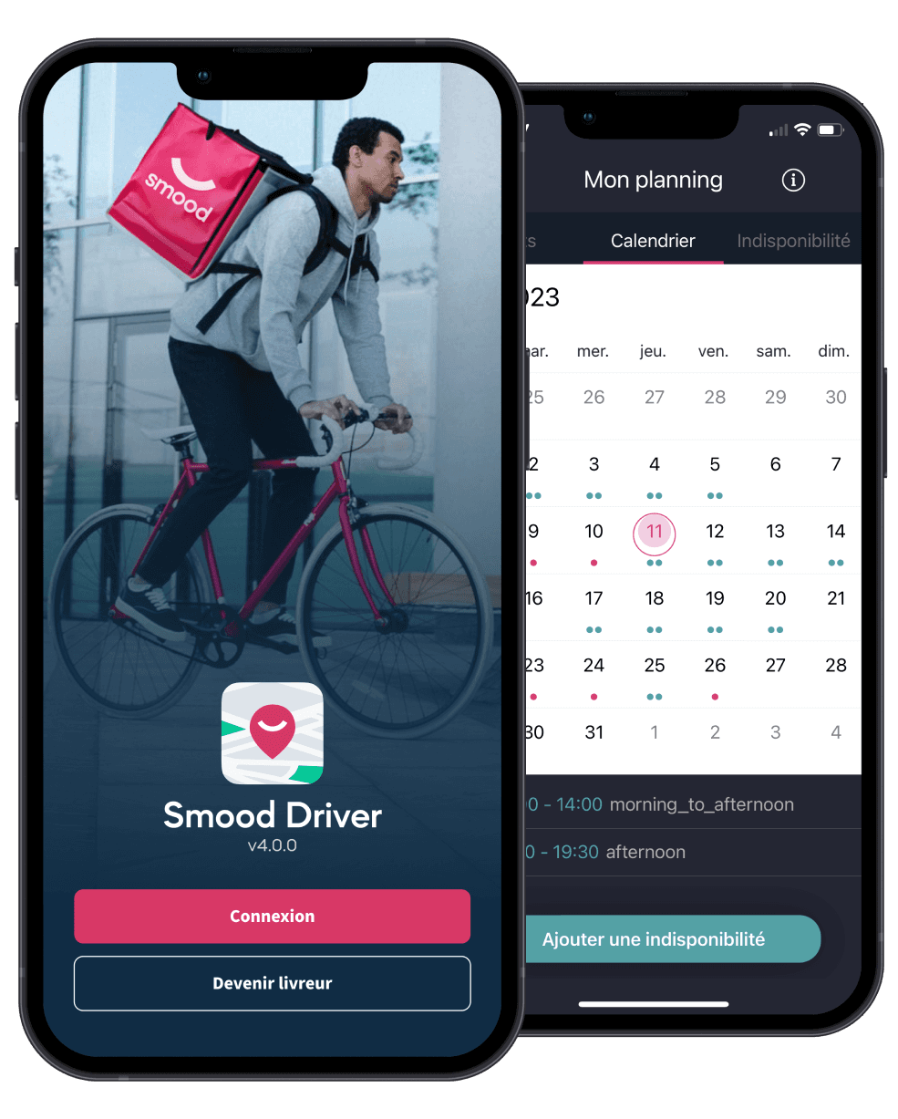 Capture d'écran de l’application driver sur un Iphone, affichant l’interface utilisateur avec des informations de livraison et navigation.